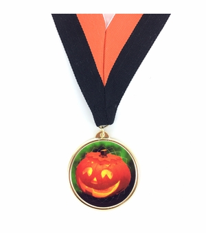 2-1/4 Inch in Diameter Round Iron Medal with 2 Inch Mylar Pumpkin Themed Insert and Ribbon