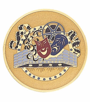 2-Inch in Diameter Round Etched-Enameled Metal Drama Themed Medallion Insert in Gold with Peel-and-Stick Back