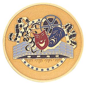 2-Inch in Diameter Round Etched-Enameled Metal Drama Themed Medallion Insert in Gold with Peel-and-Stick Back