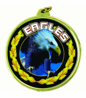 2-1/4 Inch in Diameter Round 'Eagles' Sports Medal in Gold and Mylar with Customizable Back