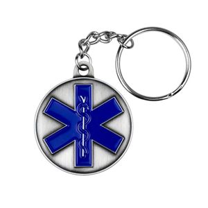 1-5/8 INCH PARAMEDIC STAR OF LIFE BLUE ENAMEL PEWTER KEY CHAIN