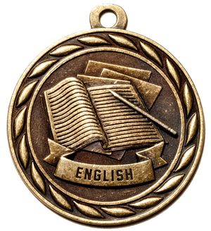 Metal 2-Inch in Diameter Round English Medal with Cutomizable Back in Brass, Silver, or Bronze