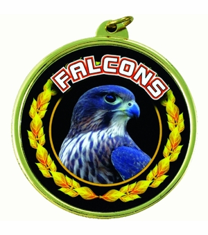 2-1/4 Inch in Diameter Round Detailed 'Falcons' Sports Medal in Gold with Mylar Detailing and Customizable Back