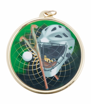 2-1/4 Inch in Diameter Round Gold Field Hockey Medal with Mylar Front Detailing and Customizable Back