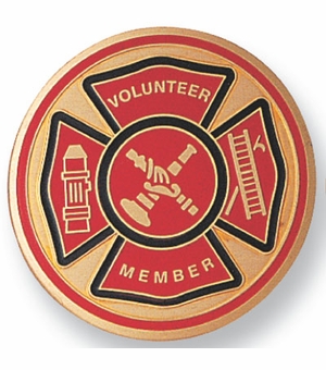2-Inch in Diameter Round Etched-Enameled Metal Fire Department Volunteer Medallion Insert in Gold with Peel-and-Stick Back