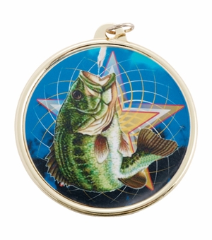 2-1/4 Inch in Diameter Round Fishing Themed Gold and Mylar Medal with Customizable Back