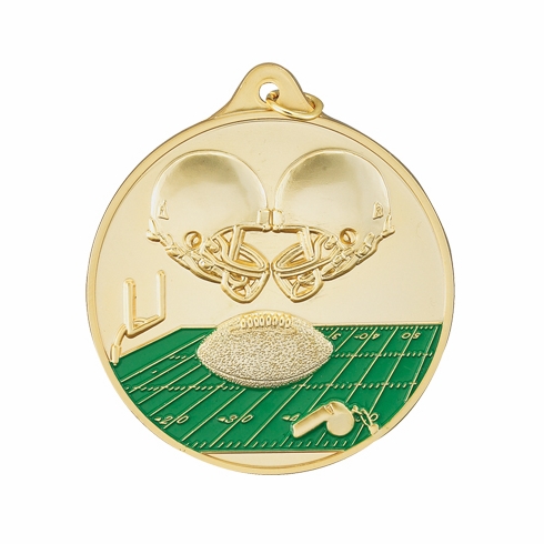 2-1/2 Inch Enameled Die-Cast Football Themed Medal in Gold, Silver, or Bronze