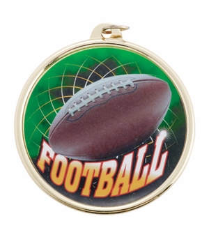 2-1/4 Inch in Diameter Round Gold Football Sports Medal with Mylar Detailing and Customizable Back