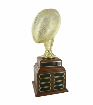 FOOTBALL PERPETUAL TROPHY, HEIGHT 20 INCHES, 10-1/2 INCH GOLD BALL, 32 PLATES