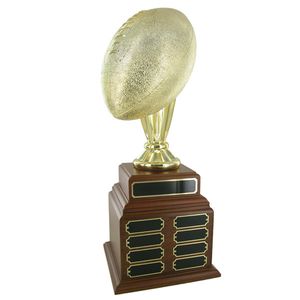 FOOTBALL PERPETUAL TROPHY, HEIGHT 20 INCHES, 10-1/2 INCH GOLD BALL, 32 PLATES