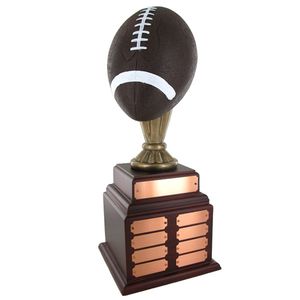 FOOTBALL PERPETUAL TROPHY, HEIGHT 20 INCHES, 10-1/2 INCH PAINTED BALL,32 PLATES
