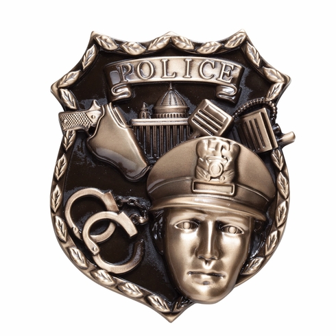 FULLY MODELED METAL POLICE ANTIQUE BRASS FINISH PLAQUE MOUNT, 4-1/2" x 5"