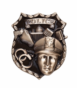 FULLY MODELED METAL POLICE ANTIQUE BRASS FINISH PLAQUE MOUNT, 4-1/2" x 5"