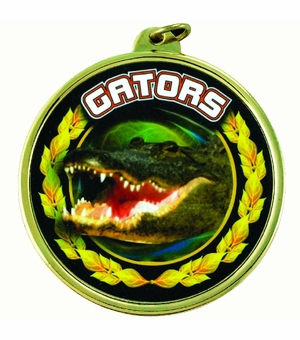 2-1/4 Inch in Diameter Round 'Gators' Themed Gold and Mylar Sports Medal with Customizable Back