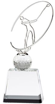 10" x 5" MODERN METAL GOLFER ON CRYSTAL BASE TROPHY