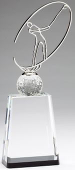 12" x 5" MODERN METAL GOLFER ON CRYSTAL BASE TROPHY