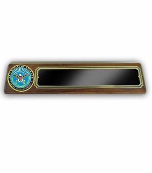 GENUINE WALNUT DESK BLOCK WITH DEPT. OF DEFENSE MEDALLION AND BLACK SCREENED PLATE