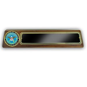 GENUINE WALNUT DESK BLOCK WITH DEPT. OF DEFENSE MEDALLION AND BLACK SCREENED PLATE