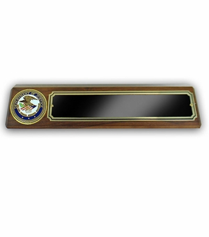 GENUINE WALNUT DESK BLOCK WITH DEPT. OF JUSTICE MEDALLION AND BLACK SCREENED PLATE