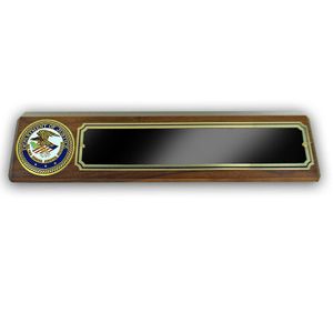 GENUINE WALNUT DESK BLOCK WITH DEPT. OF JUSTICE MEDALLION AND BLACK SCREENED PLATE