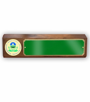 GENUINE WALNUT DESK BLOCK WITH ENVIRONMENTAL PROTECTION AGENCY MEDALLION AND GREEN PLATE