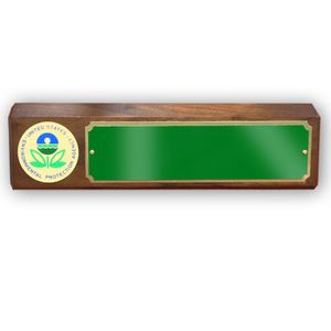 GENUINE WALNUT DESK BLOCK WITH ENVIRONMENTAL PROTECTION AGENCY MEDALLION AND GREEN PLATE