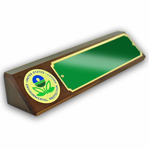 GENUINE WALNUT DESK BLOCK WITH ENVIRONMENTAL PROTECTION AGENCY MEDALLION AND GREEN PLATE
