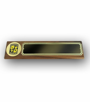 GENUINE WALNUT DESK BLOCK WITH ROTC MEDALLION AND BLACK SCREENED PLATE