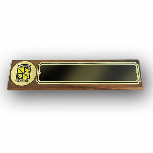 GENUINE WALNUT DESK BLOCK WITH ROTC MEDALLION AND BLACK SCREENED PLATE