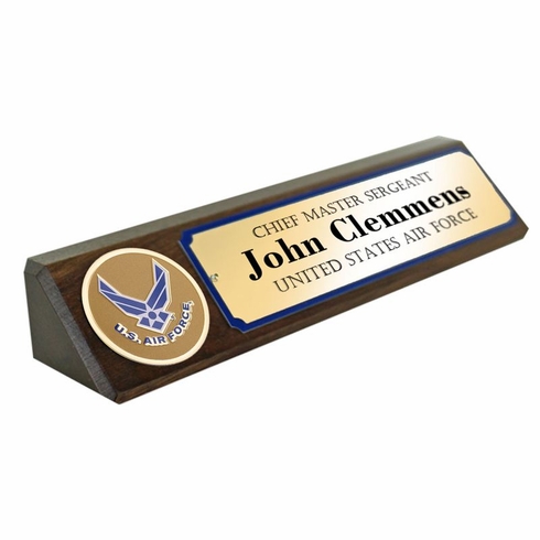 GENUINE WALNUT DESK BLOCK WITH U.S. AIR FORCE MEDALLION AND GOLD MATTE PLATE