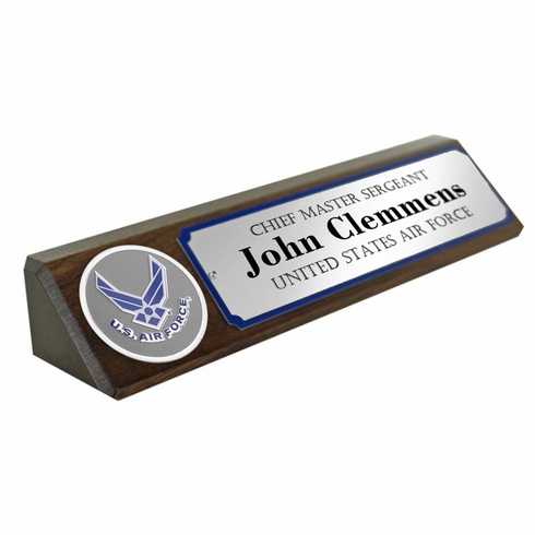 GENUINE WALNUT DESK BLOCK WITH U.S. AIR FORCE MEDALLION AND SILVER MATTE PLATE