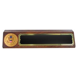GENUINE WALNUT DESK BLOCK WITH U.S. ARMY SYMBOL MEDALLION AND BLACK SCREENED PLATE