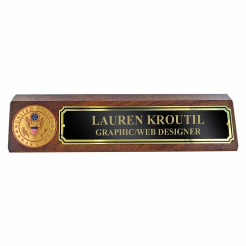 GENUINE WALNUT DESK BLOCK WITH U.S. ARMY SYMBOL MEDALLION AND BLACK SCREENED PLATE