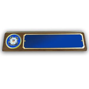 GENUINE WALNUT DESK BLOCK WITH U.S. COAST GUARD MEDALLION AND BLUE PLATE
