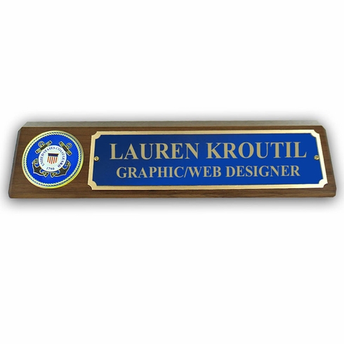 GENUINE WALNUT DESK BLOCK WITH U.S. COAST GUARD MEDALLION AND BLUE PLATE
