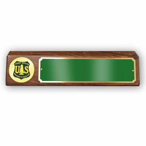 GENUINE WALNUT DESK BLOCK WITH U.S. FOREST SERVICE MEDALLION AND GREEN PLATE