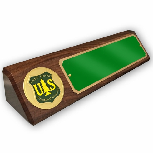 GENUINE WALNUT DESK BLOCK WITH U.S. FOREST SERVICE MEDALLION AND GREEN PLATE