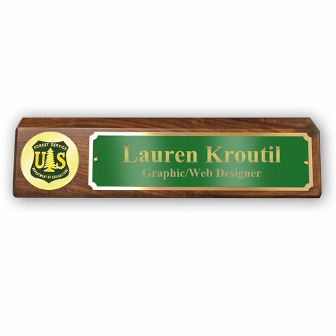 GENUINE WALNUT DESK BLOCK WITH U.S. FOREST SERVICE MEDALLION AND GREEN PLATE