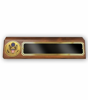 GENUINE WALNUT DESK BLOCK WITH U.S. GREAT SEAL MEDALLION AND BLACK SCREENED PLATE