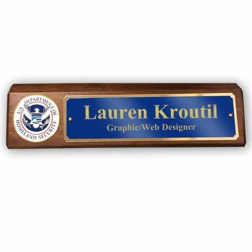 GENUINE WALNUT DESK BLOCK WITH U.S. HOMELAND SECURITY MEDALLION AND BLUE PLATE
