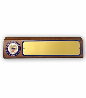 GENUINE WALNUT DESK BLOCK WITH U.S. NAVY MEDALLION AND GOLD METAL PLATE