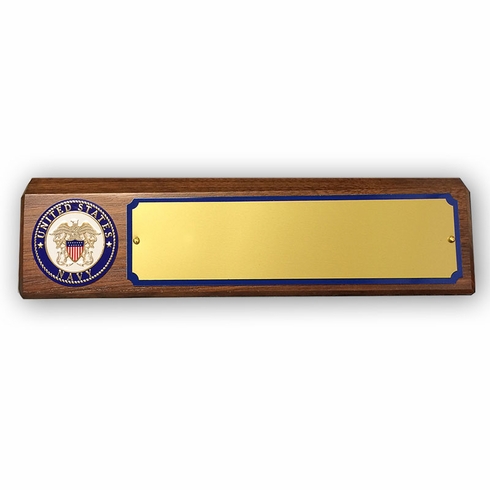 GENUINE WALNUT DESK BLOCK WITH U.S. NAVY MEDALLION AND GOLD METAL PLATE