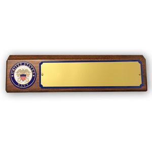 GENUINE WALNUT DESK BLOCK WITH U.S. NAVY MEDALLION AND GOLD METAL PLATE