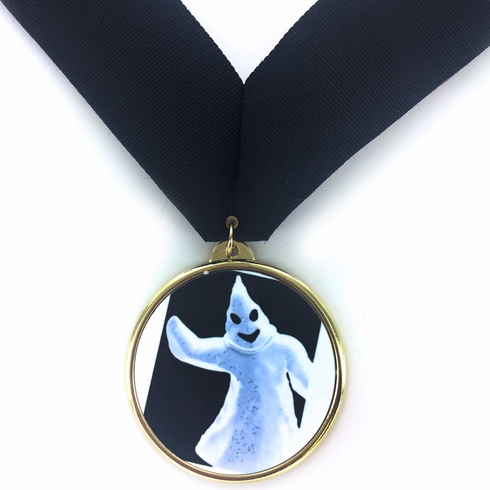 2-1/4 Inch in Diameter Round Iron Medal with 2 Inch Mylar Ghost Themed Insert and Ribbon