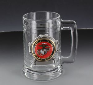 GLASS TANKARD WITH ANTIQUE PEWTER FINISH. CASTING HOLDS 2 INCH U.S MARINE CORPS MEDALLION. CAPACITY 15 OUNCE.