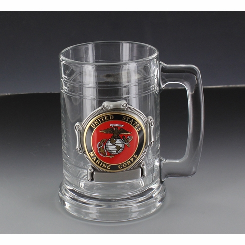 GLASS TANKARD WITH ANTIQUE PEWTER FINISH. CASTING HOLDS 2 INCH U.S MARINE CORPS MEDALLION. CAPACITY 15 OUNCE.