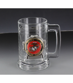 GLASS TANKARD WITH ANTIQUE PEWTER FINISH. CASTING HOLDS 2 INCH U.S MARINE CORPS MEDALLION. CAPACITY 15 OUNCE.