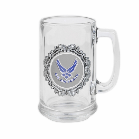 GLASS TANKARD WITH ANTIQUE PEWTER FINISH. CASTING HOLDS A 2 INCH EMBOSSED U.S AIR FORCE MEDALLION. CAPACITY 15 OUNCE