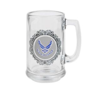 GLASS TANKARD WITH ANTIQUE PEWTER FINISH. CASTING HOLDS A 2 INCH EMBOSSED U.S AIR FORCE MEDALLION. CAPACITY 15 OUNCE