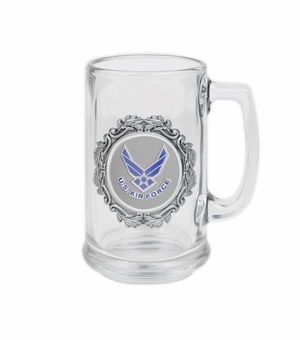 GLASS TANKARD WITH ANTIQUE PEWTER FINISH. CASTING HOLDS A 2 INCH EMBOSSED U.S AIR FORCE MEDALLION. CAPACITY 15 OUNCE